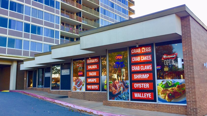 Seafood restaurant exterior on North Hills Boulevard.